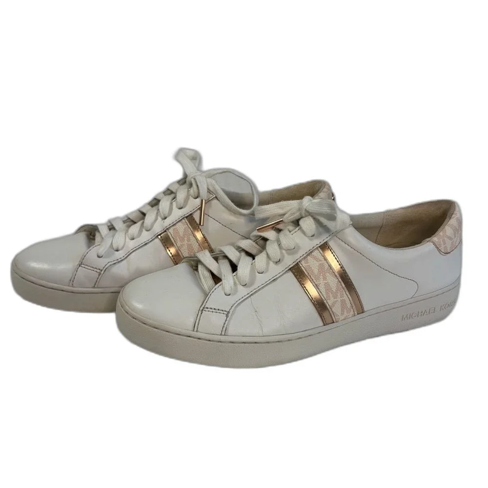 Michael Kors Irving Stripe Sneakers Womens 9M White Rose Gold Leather Logo